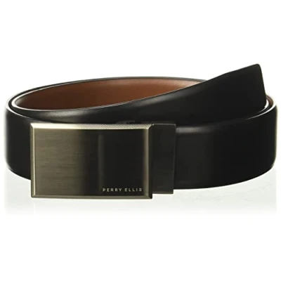 Image of Perry Ellis Men&#039;s Portfolio Patterned Plaque Belt, 100% Leather (Sizes 30 44 Inches), Black/Brown Reversible, 38