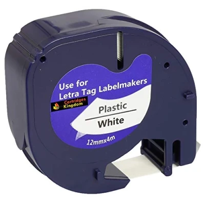 Image of Cartridges Kingdom Compatible 91201 S0721610 12mm x 4m Black on White Plastic Label Tape for DYMO LetraTag Printers