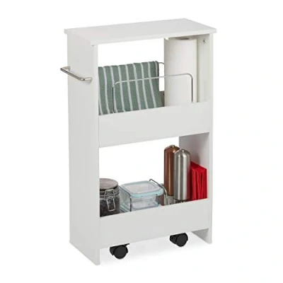 Image of Relaxdays Niche Trolley, 2 Compartments, Narrow Storage Shelf with Castors, Bathroom &amp; Kitchen, MDF, 67x20x43 cm, White