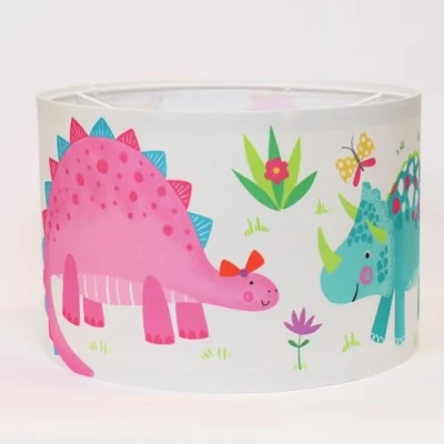 Image of Happy Linen Company Girls Daisy Dino Dinosaur Pink Cylinder Ceiling Pendant Lamp Drum Light Shade 30cm x 20cm