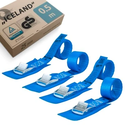 Image of valonic ICELAND 4x 0.5m short tie down straps, 25mm, 250Kg, protection pad, TÜV Rheinl. / GS certified, EN 12195 2 cam buckle, for roof rack, kayak and bike blue, 50cm