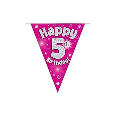 Image of Party Bunting Happy 5th Birthday Pink Holographic 11 flags 3.9m