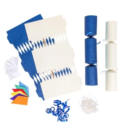 Image of evelay 12 Make Your Own Christmas Cracker Kit DIY Cream &amp; Navy Glitter Crackers Hats Snaps Jokes (Cream, Navy)