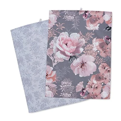 Image of Catherine Lansfield Dining Dramatic Floral Cotton 50x70 cm Tea Towels Pair Grey