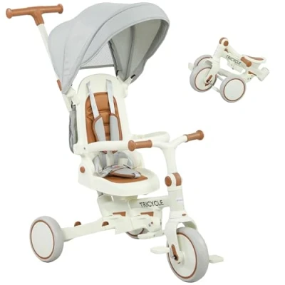 Image of 5 in 1 Foldable Kids Trike, Toddler Tricycle for 3 Years, Cream White Aiyaplay