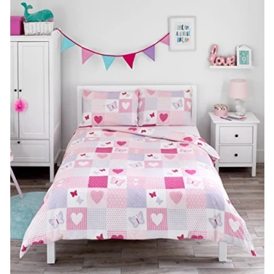 Image of Bloomsbury Mill Kids Double Duvet Set Bedding for Girls Hearts and Butterflies Patchwork Childrens Bed Cover with 2 x Pillow Case Pink 200x200cm