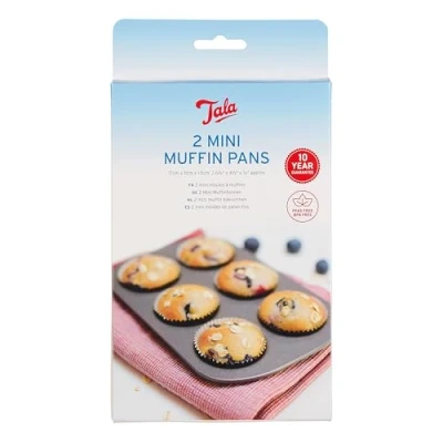 Image of Tala 2 Mini Muffin Tin Non stick Baking Tray Even Heat Trays for Cupcakes, Snacks &amp; Appetisers Carbon Steel, Wide Flat Handles, Dishwasher Freezer Safe, Grey, 20cm x 14cm