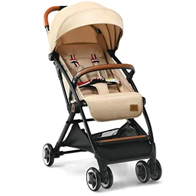Image of Maxmass Baby Stroller, Foldable Pushchair with Adjustable Canopy &amp; Backrest and Storage Basket, Lightweight 5 Point Harness Buggy for 0 3 Years (Beige)