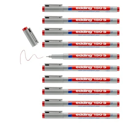 Image of edding 150 S non permanent pen red 10 pens round nib 0.3 mm for writing on glass, plastic, foils and smooth surfaces quick drying, can be corrected with water