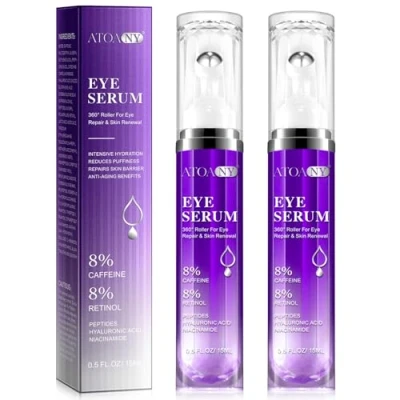 Image of 2 Packs Eye Serum for Dark Circles and Puffiness with 8% Caffeine Retinol Hyaluronic Acid Niacinamide, Under Cream Anti Aging Bags 360 Roller Massage Ball