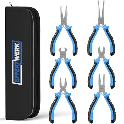 Image of Effektwerk 6 Pc Mini Pliers Set, Linesman, Long Nose, Needle Bent Diagonal Cutting &amp; Wire Cutters, Electrician Tool Kit w/Small Pouch, Use for Jewellery Craft Electronic Repairs
