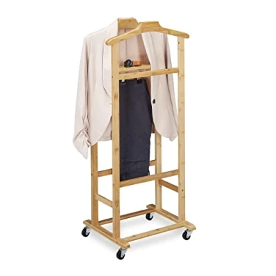 Image of Relaxdays Valet on Castors, for Men and Women, Bamboo Clothes Rack, in Bedroom or Hallway, HWD: 107x47x37 cm, Natural, Metal