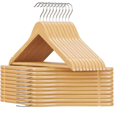 Image of SONGMICS Wooden Hangers, Set of 20, Coat Clothes with Shoulder Notches, Anti Slip Trousers Bar, 360 Swivel Hook, for Suits, Shirts, Coats, Natural and Silver CRW001 20