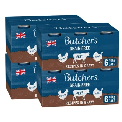 Image of BUTCHER&#039;S Grain Free Recipes in Gravy Wet Dog Food Tin Cans Variety pack, 9.6kg (24 x 400g)