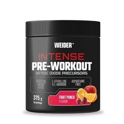 Image of Weider Intense Pre Workout (375g) Fruit Punch Flavour. Nitric Oxide Precursors, with 200 mg Caffeine and 6000 Amino Acids/Serving, L Citrulline, Arginine, Aspartame Free (18 porciones)