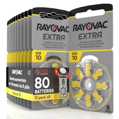 Image of 80 Hearing Aid Batteries Rayovac Extra 10. 10x8 Pack PR70 Yellow Size