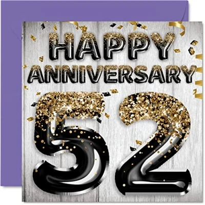 Image of Awesome 52nd Anniversary Card for Husband Boyfriend Wife Girlfriend Black Gold Glitter Balloons Happy 52 Cards from Family, 145mm x Greeting Fifty Second Anniversaries