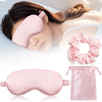 Image of Silk Eye Mask for Sleeping, Sleep Set Super Soft Satin Sleeps with Hair Scrunchie and Travel Pouch Women Girls (Pink)