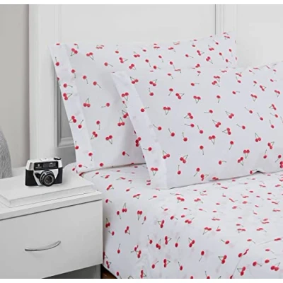 Image of Poppy &amp; Fritz Percale Collection Bed Sheet Set 100% Cotton, Crisp Cool, Lightweight Moisture Wicking Bedding, Twin XL, Cherries