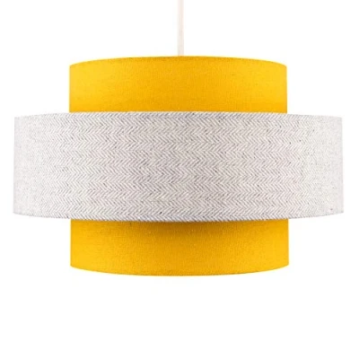 Image of Modern Cylinder Ceiling Pendant Light Shade in a Mustard &amp; Grey Herringbone Finish