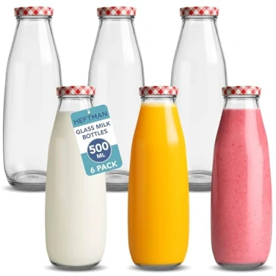 Image of HEFTMAN Glass Milk Bottles with Lids Empty 500ml Set of 6 Airtight Bottle Red Gingham for Beverages, Liquids &amp; Décor Retro Juice Weddings, BBQ&#039;s Picnics