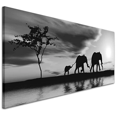 Image of Wallfillers Black White African Sunset Elephants Canvas Wall Art Print 1363 Small 97x40cm