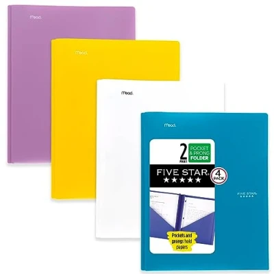 Image of Five Star 2 Pocket Folders, 4 Pack, Plastic Folders with Prong Fasteners, Holds 11 x 8 1/2, Tidewater Blue, White, Amethyst Purple, Harvest Yellow (38136)