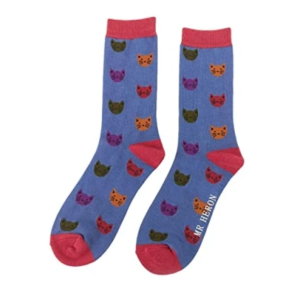 Image of Miss Sparrow Kitty Cat Faces Blue Mens Novelty Ankle Socks Adult One Size