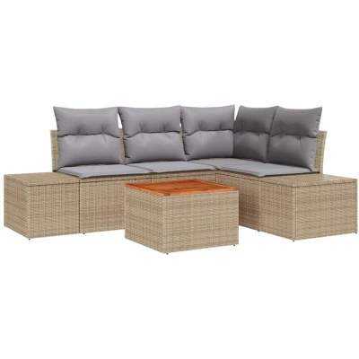 Image of vidaXL 5 Piece Garden Sofa Set with Cushions Beige Poly Rattan Acacia