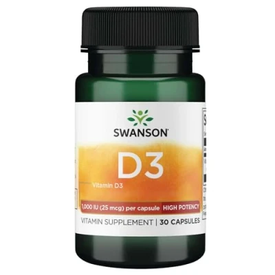 Image of Swanson Vitamin D3 25mcg (1000 IU), 30 Capsules, High Dose, Laboratory Tested, Soy Free, Gluten GMO Free