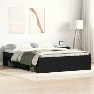 Image of vidaXL Black Oak Bed Frame 120x200 cm with Storage Compartments Engineered Wood and Plywood Slats for Bedroom