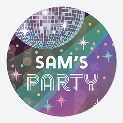 Image of Dotty about Paper Glitter Ball Disco Party Large Round Personalised Stickers Pack of 12