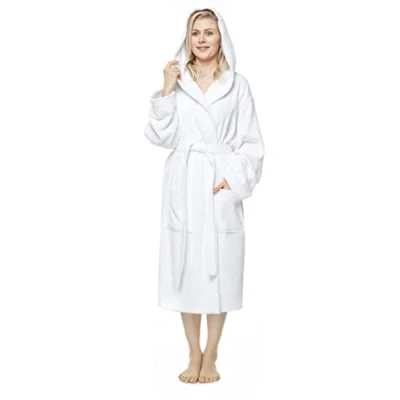 Image of Arus Women&#039;s bathrobe with hood, calf length, 100% cotton terry, women`s size: XL, unisex L White