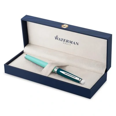 Image of Waterman Hémisphère Fountain Pen Metal &amp; Green Lacquer with Palladium Trim Stainless steel Fine Nib Blue Ink Gift Box