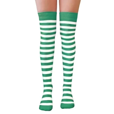 Image of NuJake Striped Over The Knee Socks Fancy Dress Christmas Elf Cosplay Teens UK Size 4 5.5 (Cotton Blend, Green &amp; White)