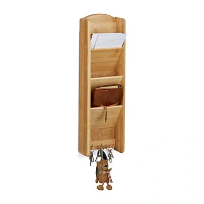 Image of Relaxdays Bamboo Key Board with Shelf, 3 Compartments, Hooks, Wall Organizer, Size: 7.5 x 15 49.5 cm, Wood, Natural Brown