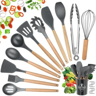 Image of Kitchen Utensil Set, hicoosee 22 Pieces Silicone Cooking Utensils Natural Wooden Handles Tool BPA Free Non Toxic Stick Heat Resistant Gadgets Grey 01