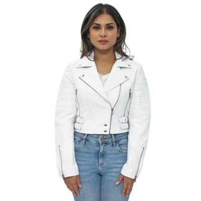 Image of Ladies Cropped Jacket Short Body Gothic Top White Chic Biker REAL LEATHER XL