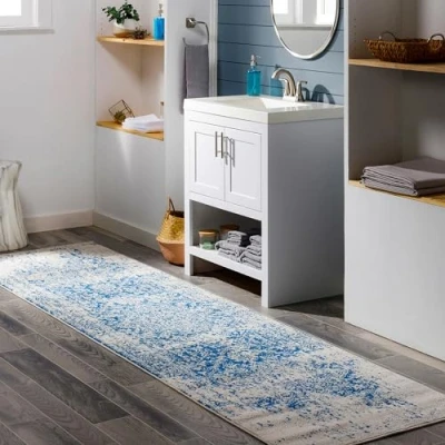 Image of Livabliss Syracusa Vintage Rug Runner Rugs Living Room 80x220 cm, Hallway, Kitchen Area Traditional Multicoloured Boho Rug, Easy Care Bohemian Large Blue and Beige
