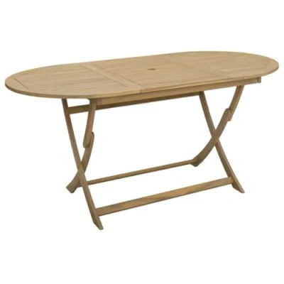 Image of vidaXL Acacia Wood Folding Oval Garden Table Outdoor Patio Dining with Umbrella Hole, Easy Storage Design, 160x85x75cm, Brown