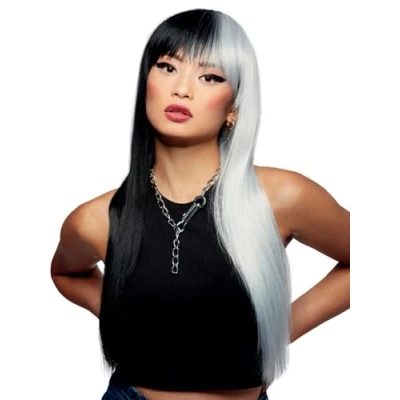 Image of Smiffys Official Manic Panic® Raven™ Virgin™ Downtown Diva™ Wig, Long Straight Heat Styleable with Adjustable Cap in Black &amp; White Half Style. A pre styled wig that exudes confidence
