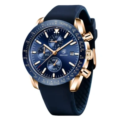 Image of BY BENYAR Watch for Men Analog Quartz Chronograph Waterproof Luminous Designer Mens Wrist Watches Business Work Sport Casual Dress with Silicone Strap Elegant Gifts