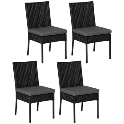 Image of Outsunny 4 Pieces PE Rattan Garden Chairs with Cushion, Patio Wicker Dining Backrest for Patio, Deck, Garden, Black