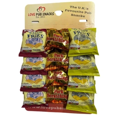 Image of Traditional Pub Snacks Card Including Pork Scratching, Bacon &amp; Scampi Fries (Card of 12)