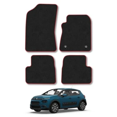 Image of Car Mats Compatible with Citroen C3 (2017+) Tailored Fit Red Trimmed Carpet Floor Mat Set Accessory Black Custom Fitted 4 Pieces Clips Anti Slip Backing &amp; Trim Edging