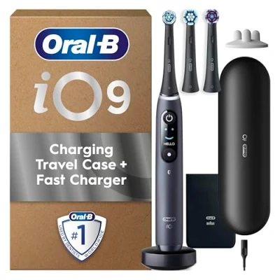 Image of Oral B Electric Toothbrushes For Adults, iO9, Gifts Women / Men, App Connected Handle, 3 Toothbrush Heads, Charging Travel Case &amp; Head Holder, 7 Modes, 2 Pin UK Plug, Black