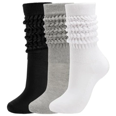 Image of Geebuzz Knit Cotton Slouch Socks for Women, Extra Long Scrunch Knee High Boot (3 Pcs black Grey White)