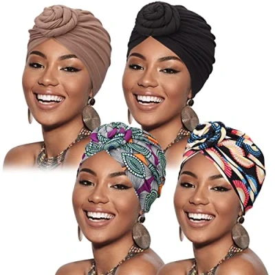 Image of DRESHOW 4 Pack Women Turban African Pattern Knot Headwrap Beanie Pre Tied Bonnet Chemo Cap Hair Loss Hat