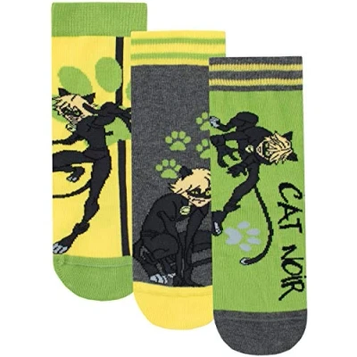Image of Miraculous Boys Cat Noir Socks Pack of 3 Multicoloured Size 6 8.5