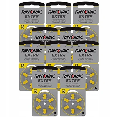 Image of Rayovac Extra Advanced Zinc Air Hearing Aid Battery, Pack of 10, with 60 Batteries, Suitable for Aids, Amplifier, Yellow